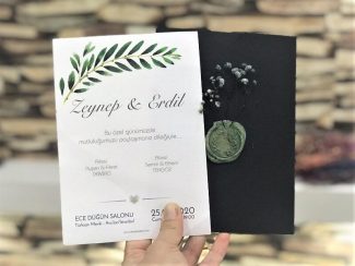Yaprak Temalı Siyah Mühürlü Zarflı Davetiye - 9961MS
