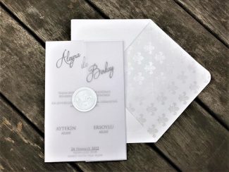 Aleyna ve Berkay yazan kartın, mühüre benzer gümüş renkte pul ile yapıştırılmış aydınger kabı ve iç kısmı motifli beyaz zarf.